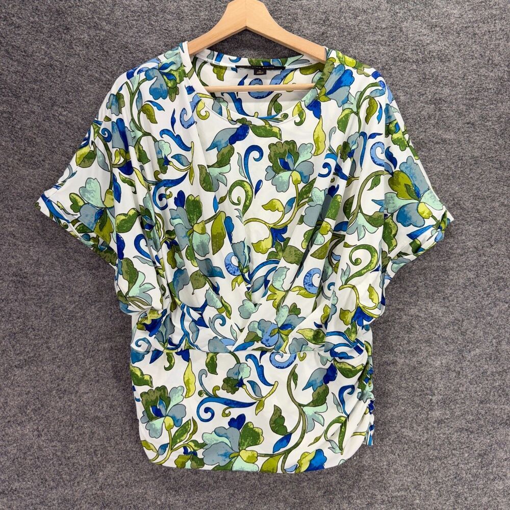 Cynthia Steffe Blouse Women XL White Floral Short Sleeve Round Neck Casual